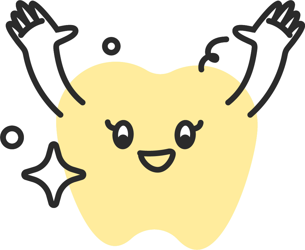 A cartoon tooth with a smiling face, large eyes, and arms raised, surrounded by shiny stars.