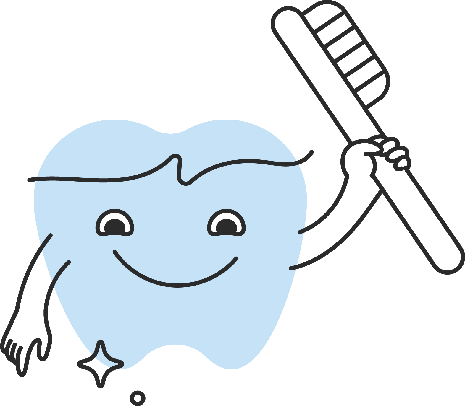 A cartoon tooth holding a toothbrush, smiling, with a sparkle and a water splash background.