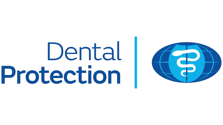 Logo for Dental Protection featuring a blue globe with a white caduceus symbol