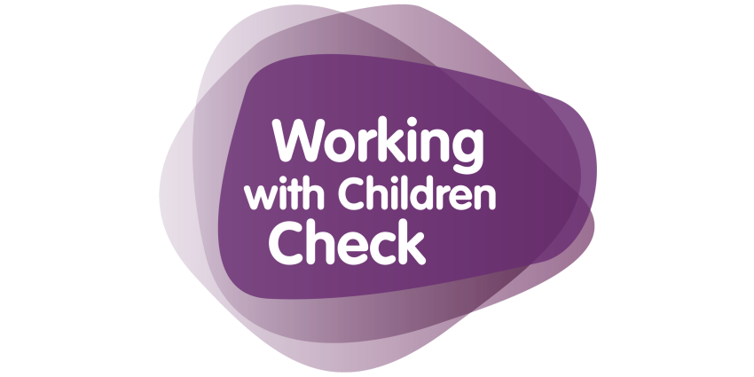 Purple and violet speech bubbles with the text 'Working with Children Check'