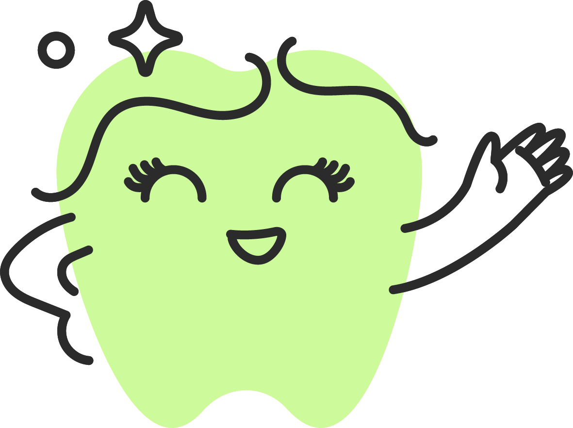 Cartoon green apple character with a smiling face, closed eyes with eyelashes, waving hand, and a star-shaped highlight on the hair.