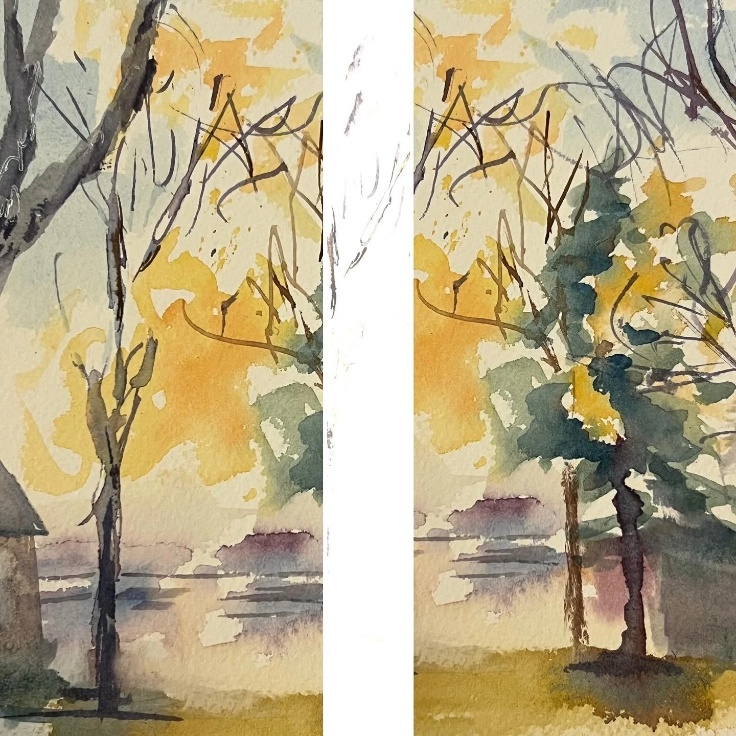 Free little painting of autumn colors out the window this morning. Didn&rsquo;t love the composition but cropping it in a couple different ways makes it better!
#watercolor #watercolorsketch #autumncolors #autumnpalette