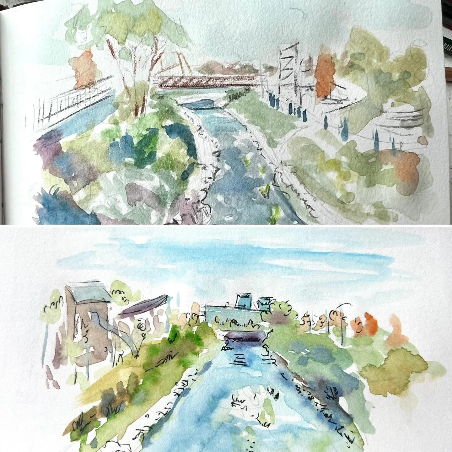 A couple fun very loose watercolor studies of the new and very lovely gatten park in Lexington Kentucky.
And a photo of the artist in her natural habitat, ha! 
Saw some gorgeous super soft purple grass called hairawn muhly, that name doesn&rsquo;t do