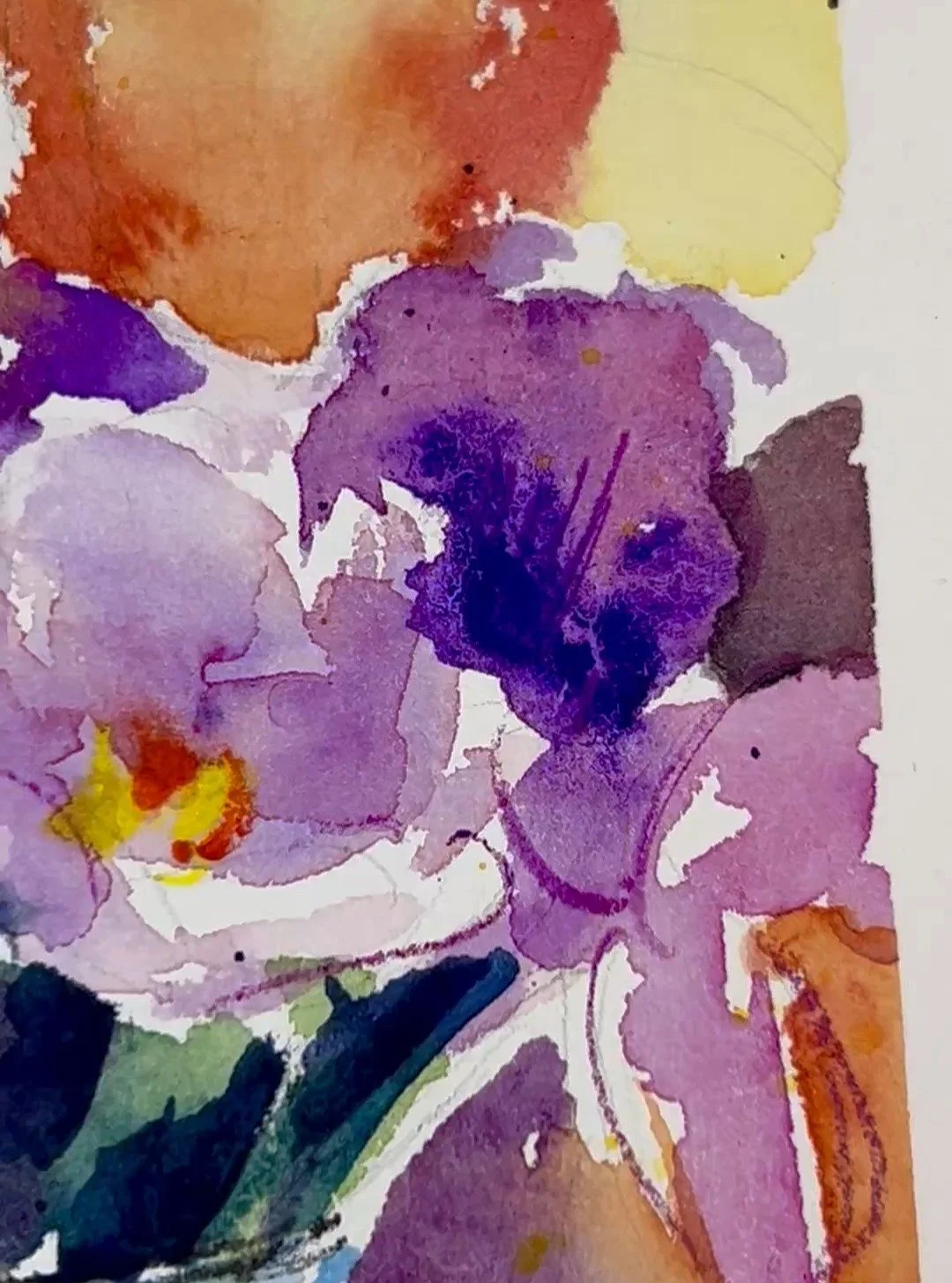 Super enjoyable to do this kinda bright and also moody loose painting of a flower bouquet. Extra images show my original photo and warmup thumbnail painting.
I like the colors and the pigments melting together on this one.
I made it for a card and in