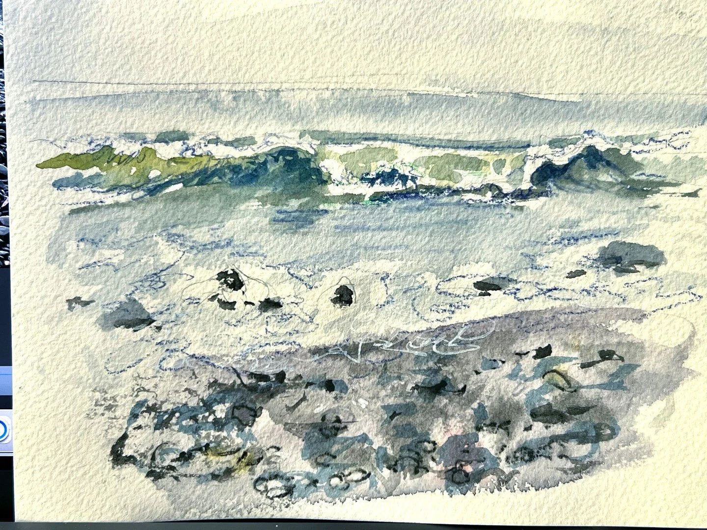 I had an absolutely lovely trip a snow-filled Duluth with friends a few weeks ago and got lots of painting fodder :) Here's one little scrawly watercolor sketch of Lake Superior.