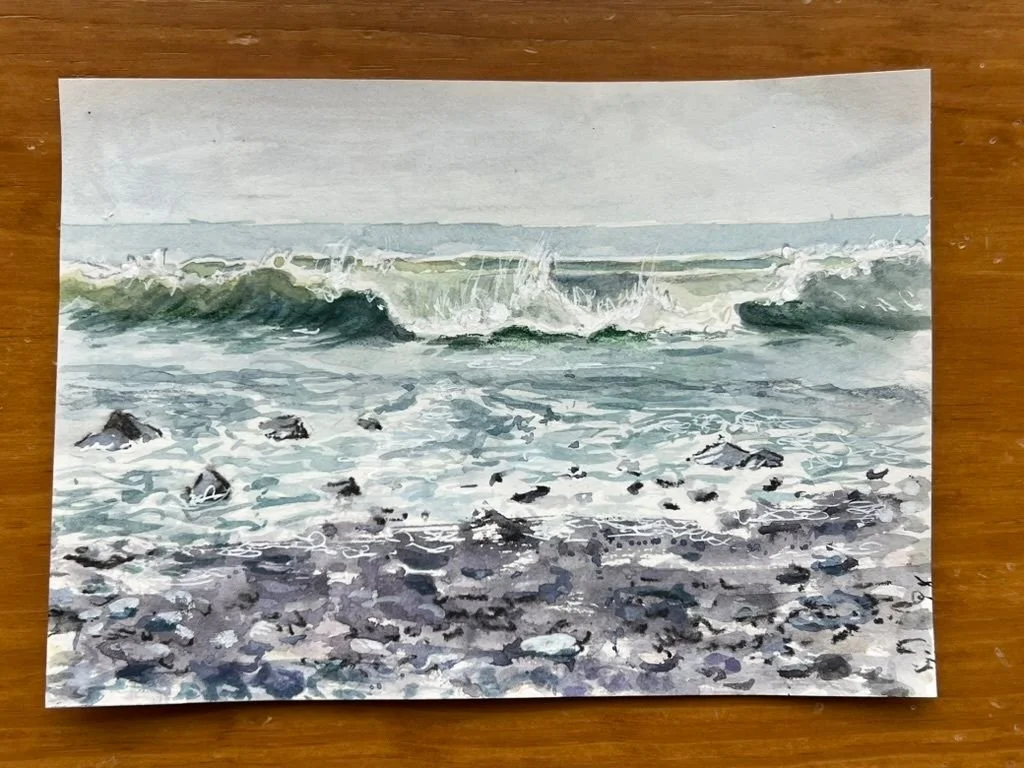 Piggy backing on the last post, here's little more thoughtful 7x5 based on the rough from the other day. I love to always keep things a little sketchy. Lake Superior isn't an ocean but she's sure beautiful! Those waves always mesmerize.
And swipe for