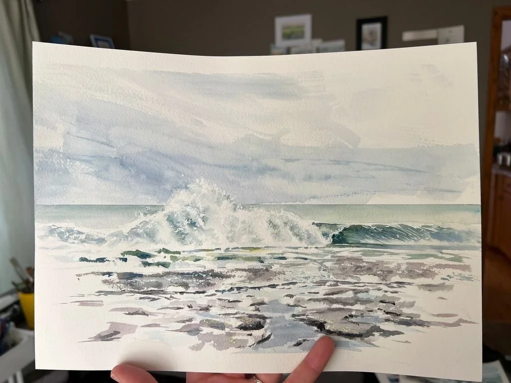 I have had a hard time doing larger (8x10) landscapes that turn out, and I am super happy that I like how this lake superior watercolor painting has turned out!
I can tell a shift in the process which helped - trying to use marks sparingly, going for