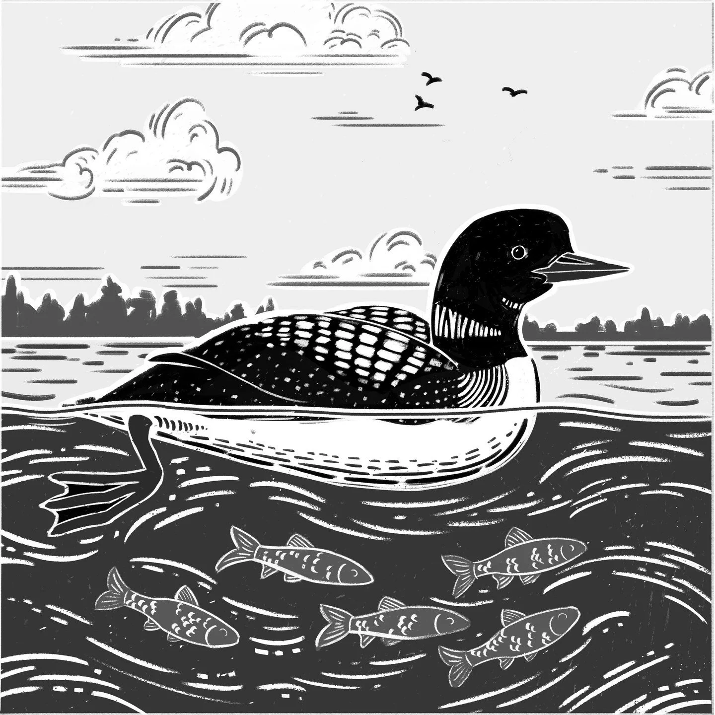 Trying out a block-printing esque illustration style with the beloved Minnesotan common loon, I think the greyscale version might be the strongest!
Swipe for greyscale / color / black-white
#minnesotaloon #loon #loonillustration 
done in good ol' #ph