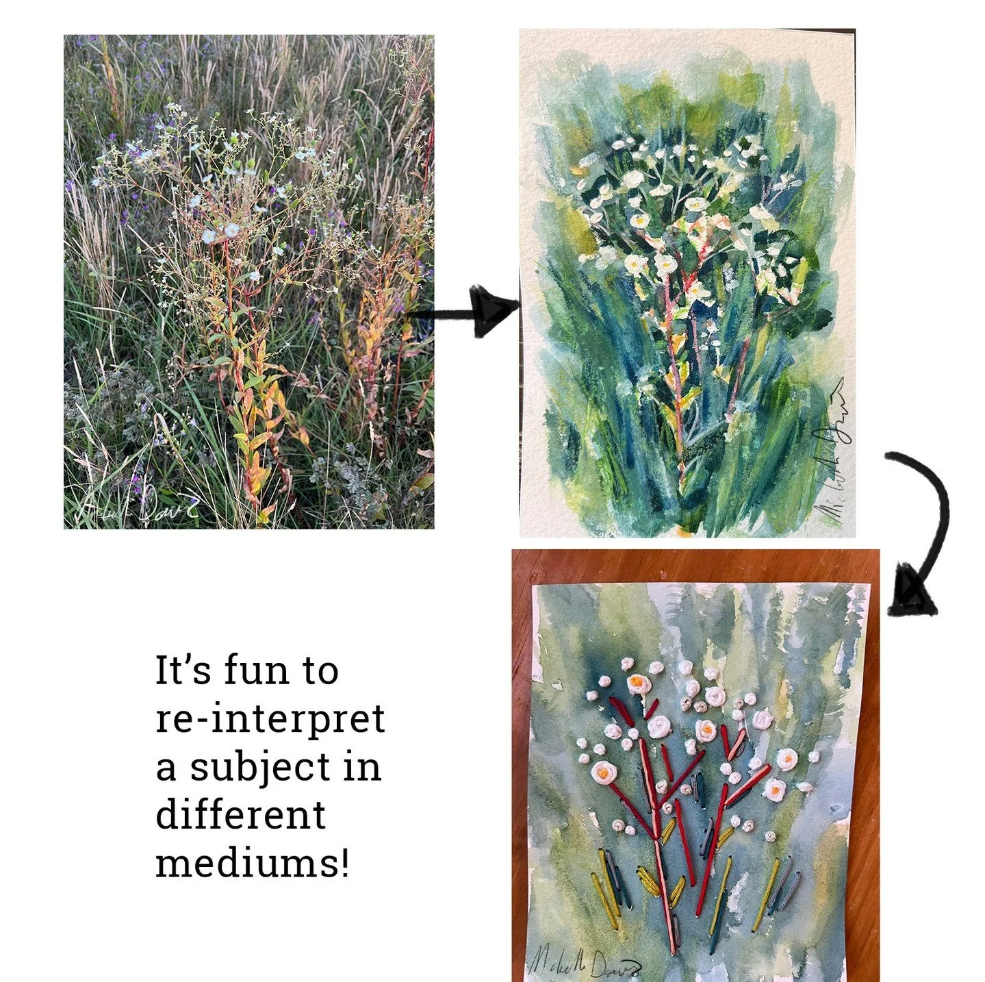 How can a visual / artistic interpretation evolve, like a game of telephone? I took a prairie photo one fall, turned it into a (very green!) watercolor sketch, and recently took that little painting and re-interpreted that as an embroidered card + wa