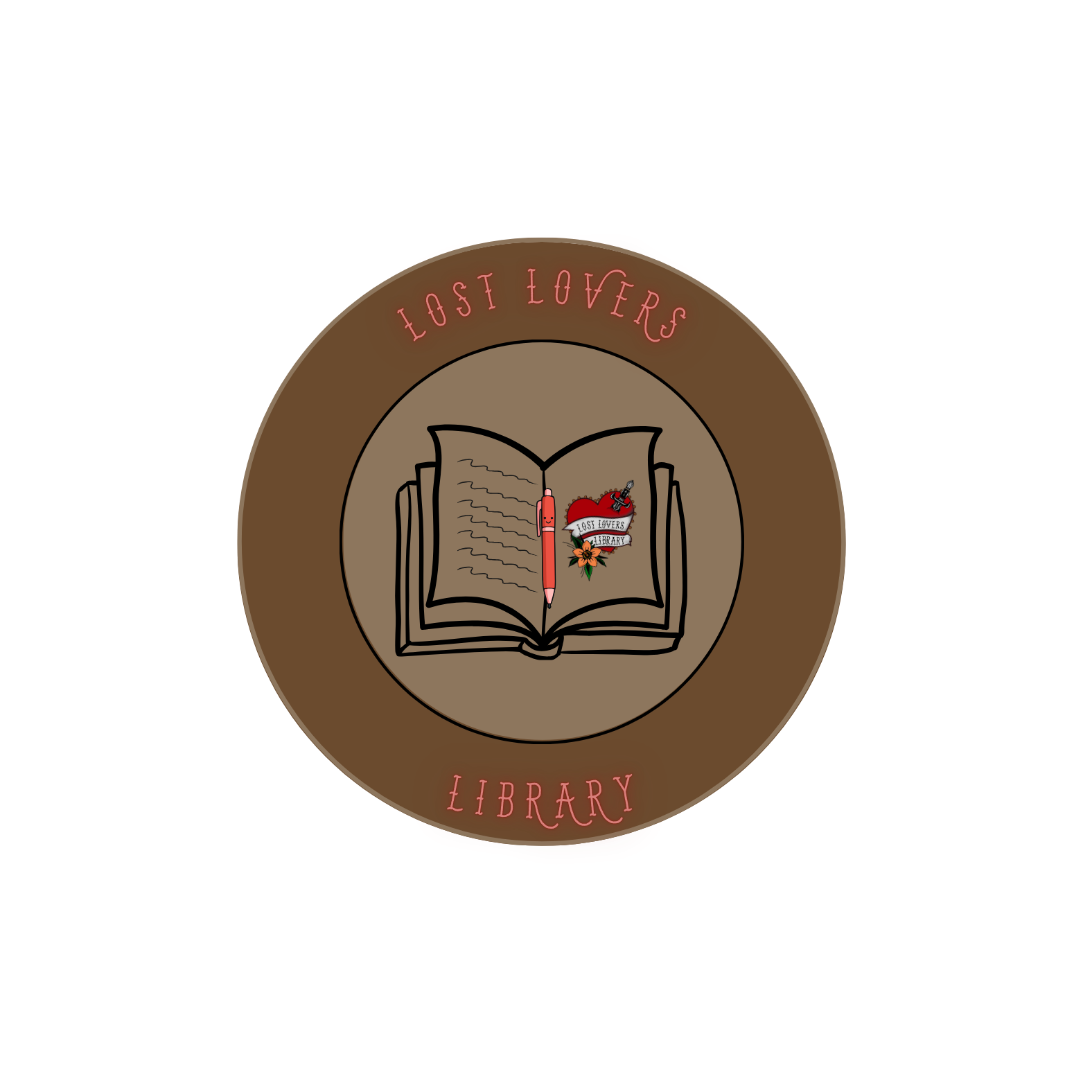 A circular logo with a brown and beige color scheme. It features an open book with a pink pen and a heart with a banner that says 'Lost Lovers.' Surrounding the book, the words 'Lost Lovers' are written in pink on the top, and 'Library' is written at the bottom in pink.
