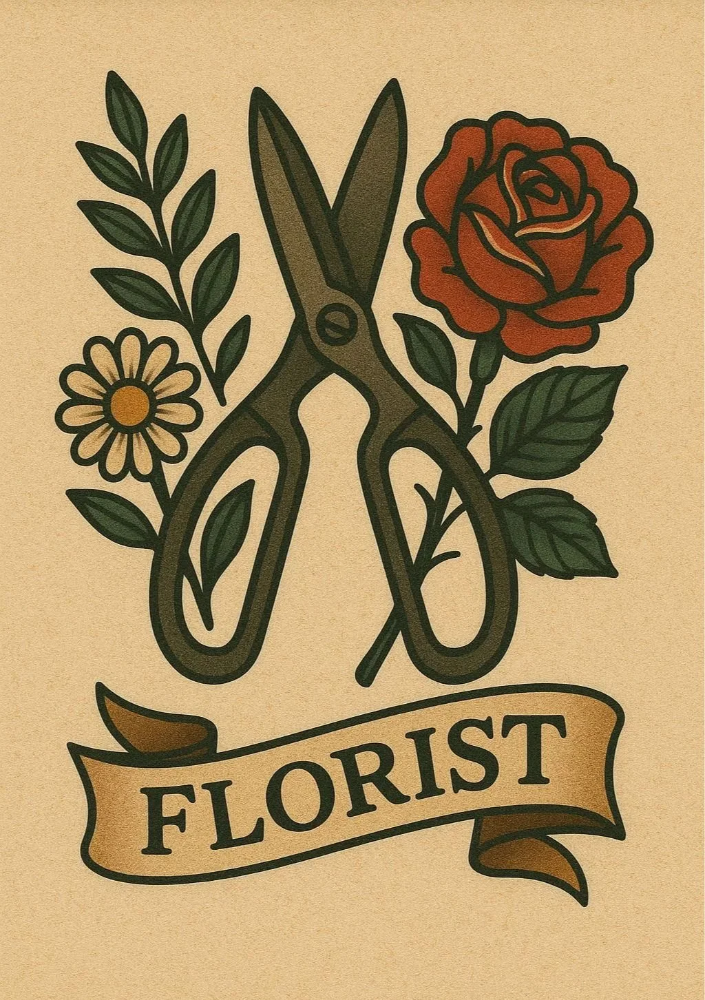 A pair of scissors crossed with a rose and a daisy surrounded by leaves, with a banner below that reads 'Florist'.