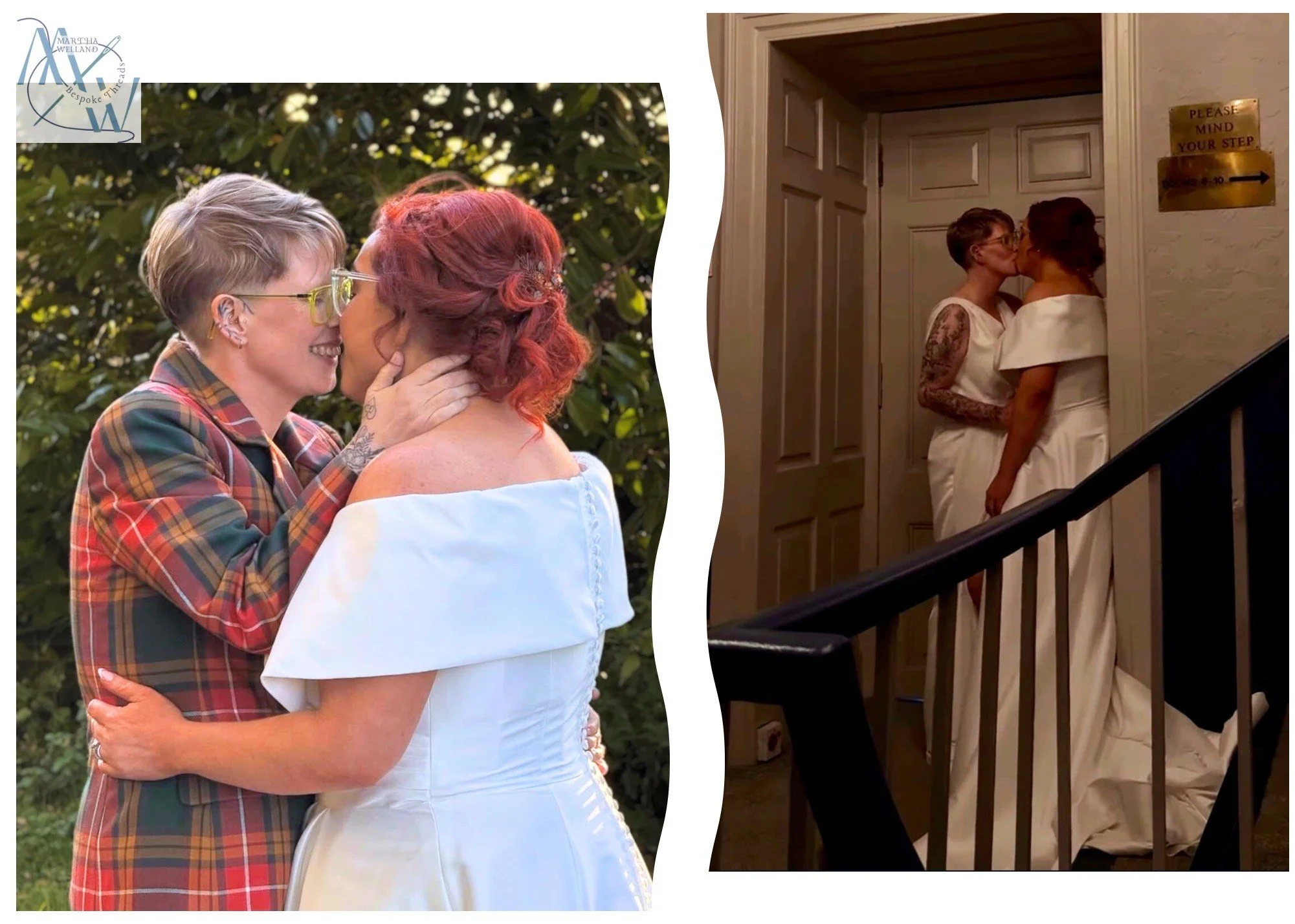 Two women sharing a kiss at a wedding, one with short gray hair and plaid jacket, the other with red hair and white off-shoulder dress, in an outdoor setting with green foliage. In another shot, two women in wedding dresses sharing a kiss upstairs in a dimly lit indoor hallway.