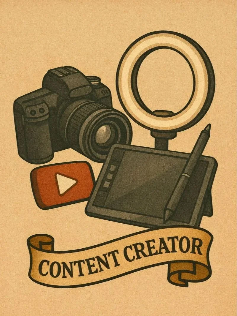 Illustration of a camera, ring light, YouTube play button icon, graphics tablet with stylus, and a banner reading 'Content Creator'.