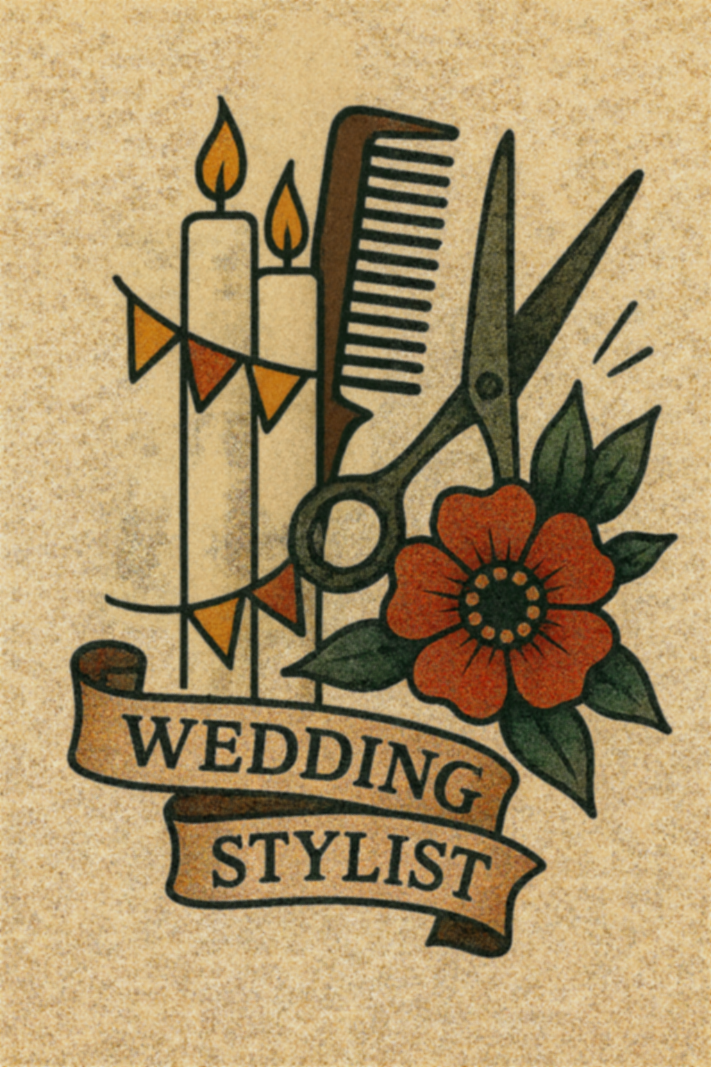 Vintage-style tattoo design with wedding-themed items: three candles, a pair of scissors, a comb, a boutonniere, and a banner with the text 'Wedding Stylist'.