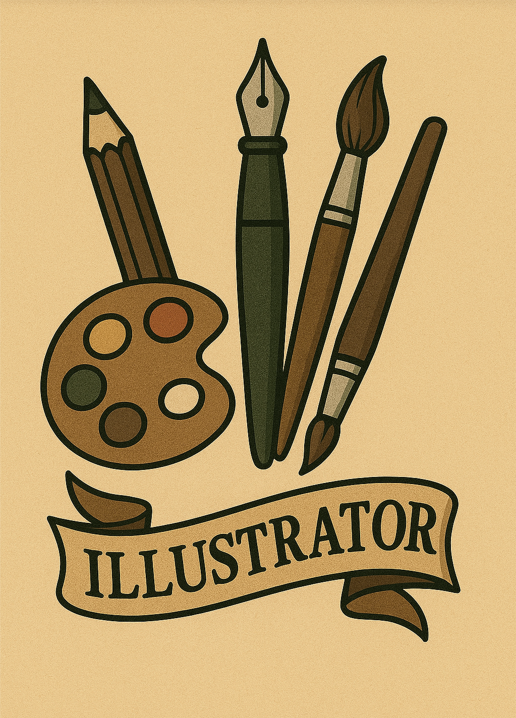 Illustration of an artist's palette, a pen, a paintbrush, a fountain pen, and a banner with the word 'Illustrator' written on it.