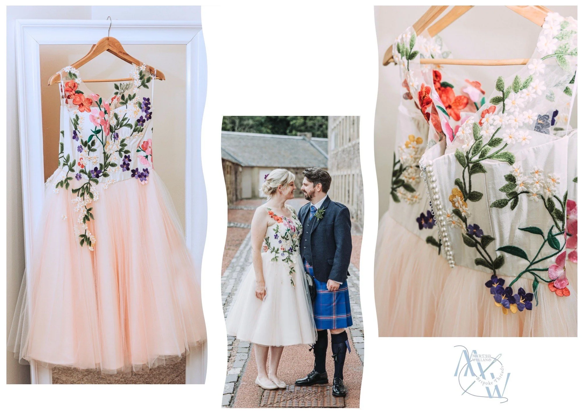 A wedding dress with floral embroidery hanging on a hanger, a close-up of the dress showing colorful flowers and pearl buttons, and a bride and groom standing outdoors facing each other, both wearing dresses with flower embroidery.
