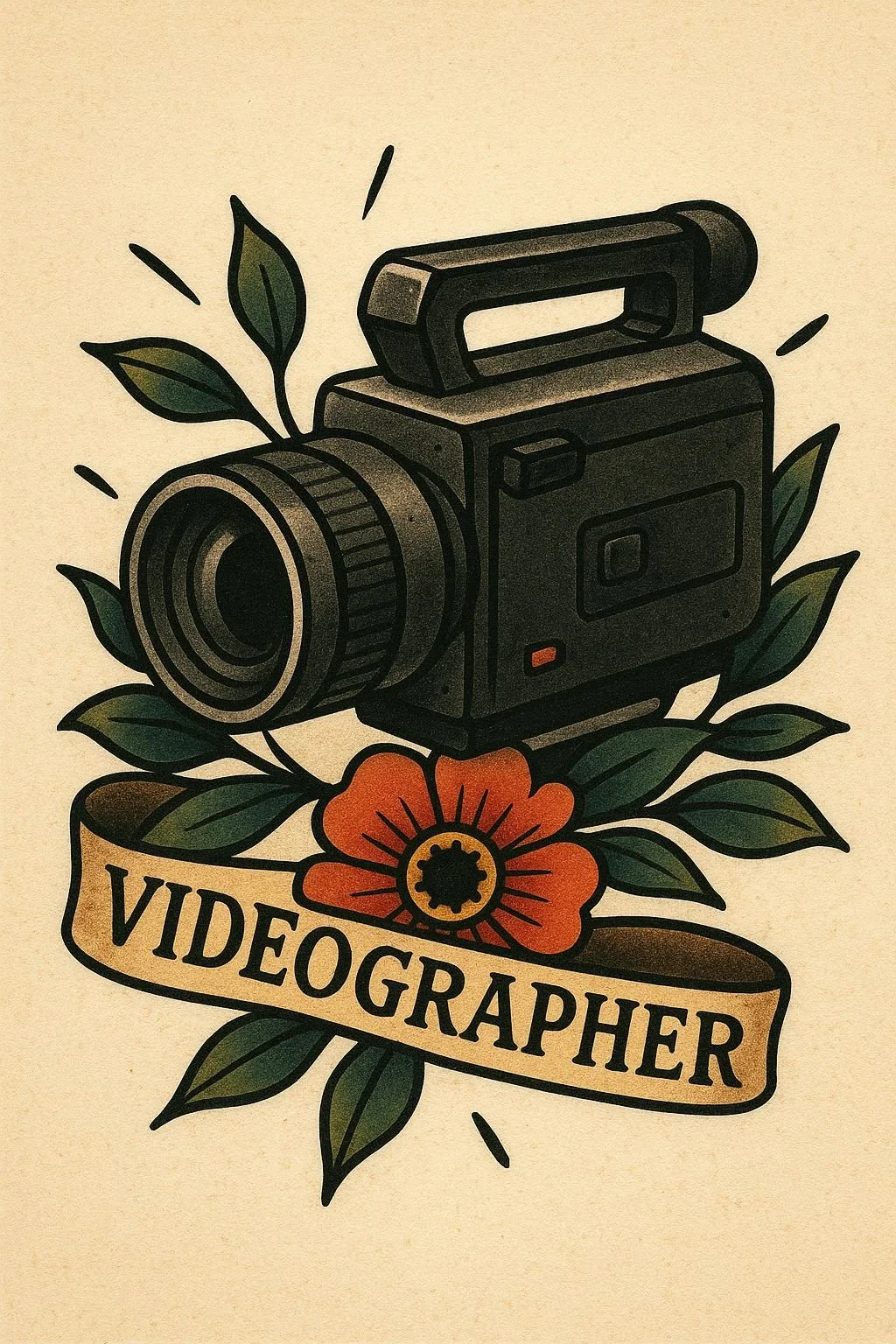 Tattoo-style illustration of a vintage video camera with green leaves and a red flower, and a banner reading 'Videographer'.