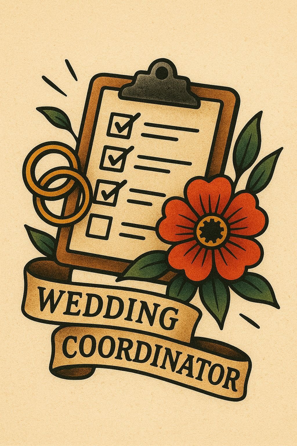 A tattoo-style illustration of a wedding coordinator, featuring a checklist on a clipboard with three items checked off, a flower, and gold rings, with a banner reading 'Wedding Coordinator' at the bottom.