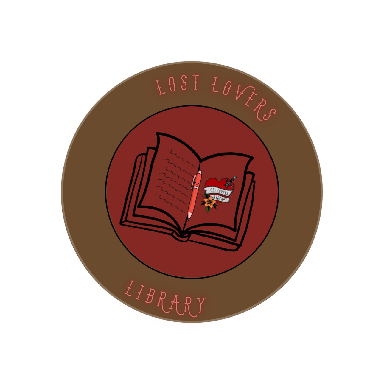 A circular logo with a brown outer ring and a red inner background featuring an open book, a pen, and a tattoo-style heart with a banner and a flower. The text "Lost Lovers" is on the top of the outer ring, and "Library" is on the bottom.