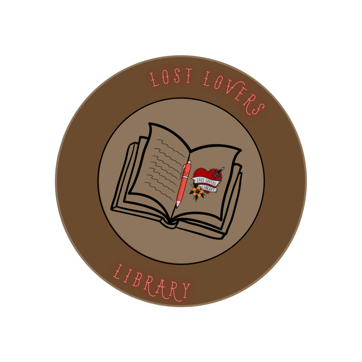 A circular logo for a lost lovers library, featuring an open book with a pen and a tattooed heart with the text "Lost Lovers Library" and decorative flowers.