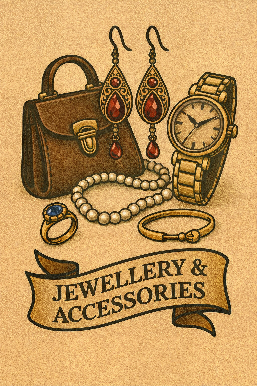 Illustration of various jewelry and accessories including earrings, a watch, a ring, a bracelet, a necklace, a handbag, and a banner labeled "Jewellery & Accessories".