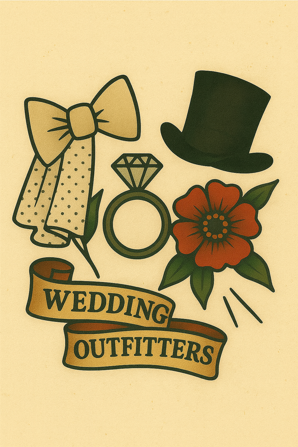 Illustration of wedding accessories including a bow tie, a diamond ring, a top hat, a flower, and a ribbon with the text 'Wedding Outfitters' on it.