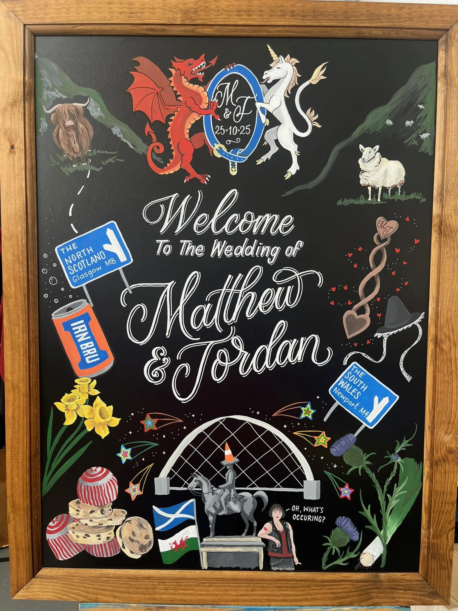 A colorful wedding chalkboard sign featuring dragons, a unicorn, Highland cows, flowers, a Scottish flag, cookies, and cartoon characters, welcoming guests to the wedding of Matthew and Jordan.