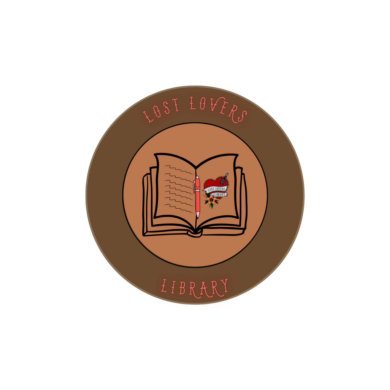 Logo for Lost Lovers Library featuring an open book with a pen and a heart-shaped emblem with a banner, flower, and guitar, surrounded by a brown circle with pink text reading 'Lost Lovers Library'.