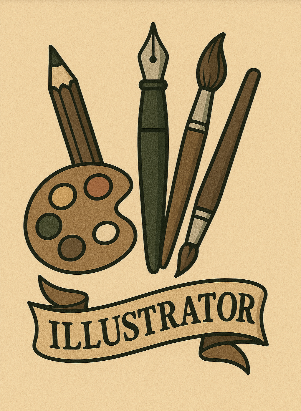 Illustration of a pencil, fountain pen, paintbrush, and paint palette with the word 'Illustrator' on a banner.
