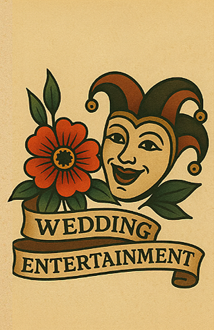 A colorful illustration of a jester's face with a flower and a ribbon banner reading "Wedding Entertainment."