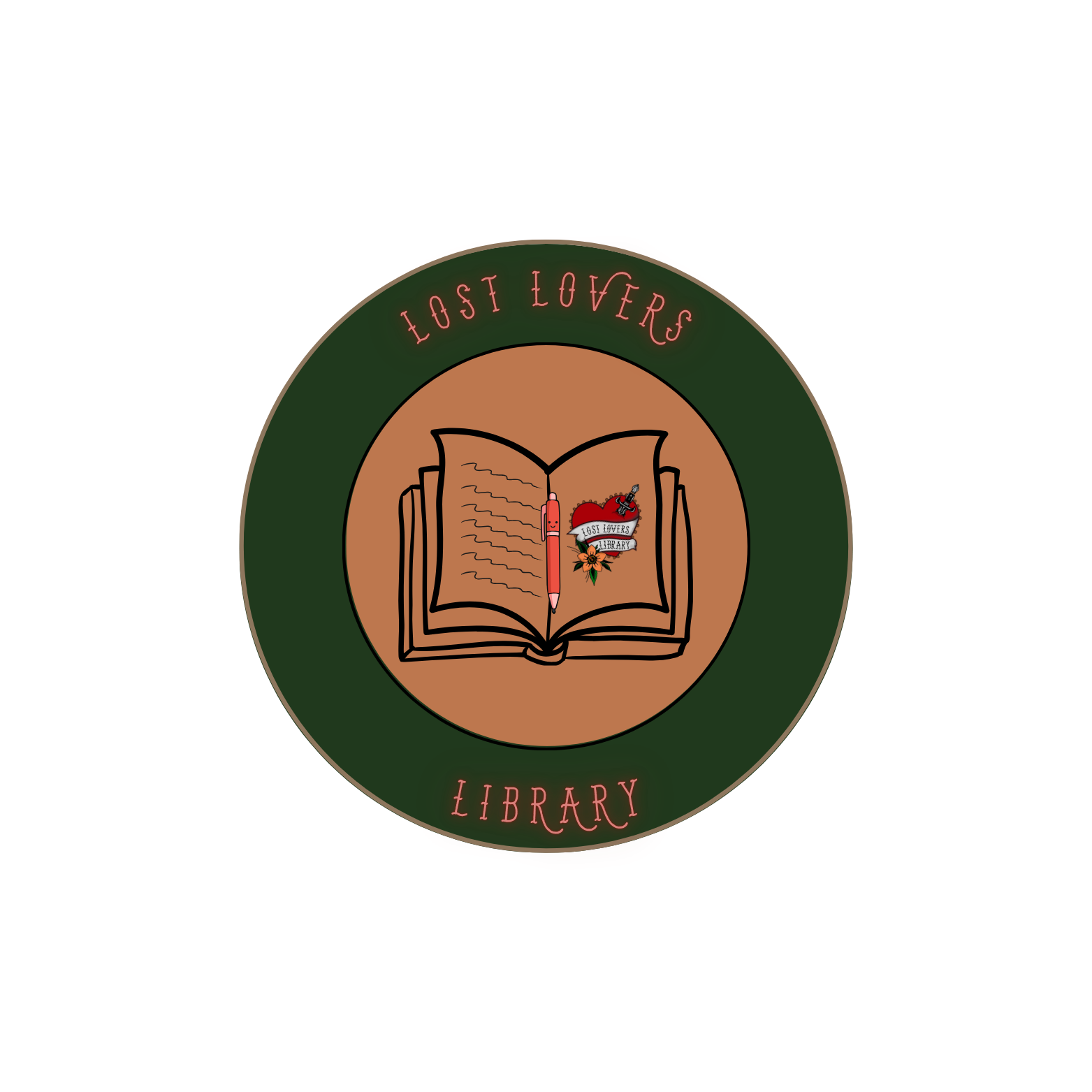 A round logo for Lost Lovers Library featuring an open book, a pink pen, a red heart, a tattoo machine, and a flower inside the book. The text "Lost Lovers" is curved above the book, and "Library" is curved below.