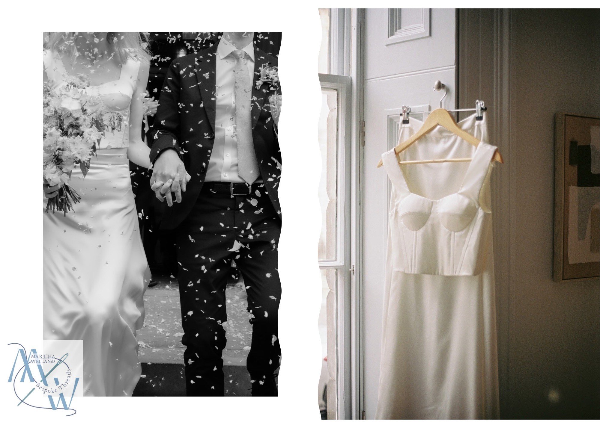Split image showing a black-and-white wedding photo of a bride and groom holding hands on the left, and a white wedding dress hanging on a hanger near a window on the right.