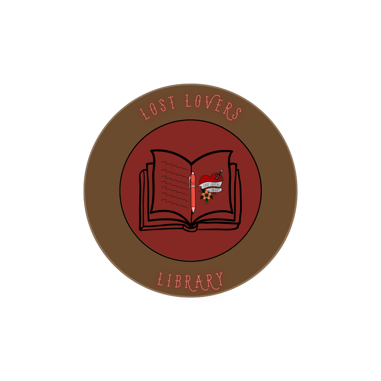Logo for Lost Lovers Library featuring an open book with a red pen, a heart, and a flower, surrounded by a circular brown border with pink text saying Lost Lovers Library.
