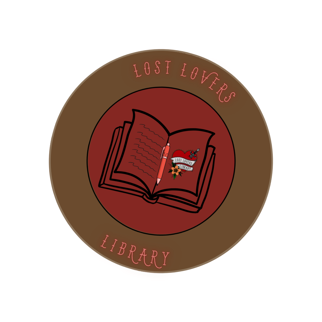 A round emblem with a brown border and a red center, featuring an open book, a pen, and a tattoo-style heart with a banner that reads "Lost Lovers Library." The words "Lost Lovers Library" are written around the border.