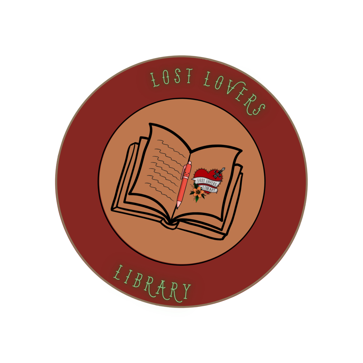 Circular logo with a brown background. Inner illustration of an open book, a red pen, and a tattooed heart with a banner that reads 'Lost Lovers Library.' Outer ring with green text saying 'Lost Lovers' at the top and 'Library' at the bottom.