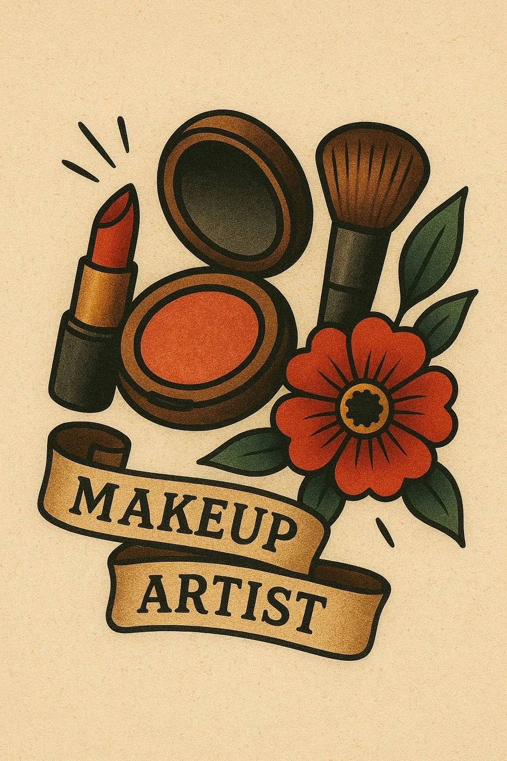 Tattoo-style illustration of makeup items including lipstick, blush, and a makeup brush, with a red flower and green leaves, and the words "Makeup Artist" on a banner.
