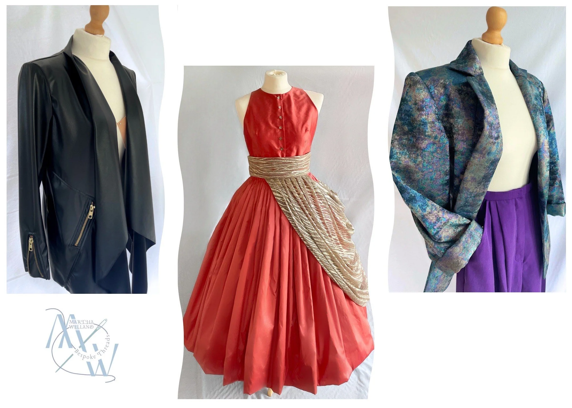 Three mannequins dressed in fashionable clothing against a white background. The left mannequin wears a black leather jacket with zippered pockets over a cream-colored turtleneck or top. The middle mannequin is dressed in a bright red sleeveless satin gown with a high neckline and a full pleated skirt, accessorized with a wide gold and beige sash around the waist. The right mannequin sports a colorful, patterned jacket over a cream turtleneck or top, paired with high-waisted purple trousers.