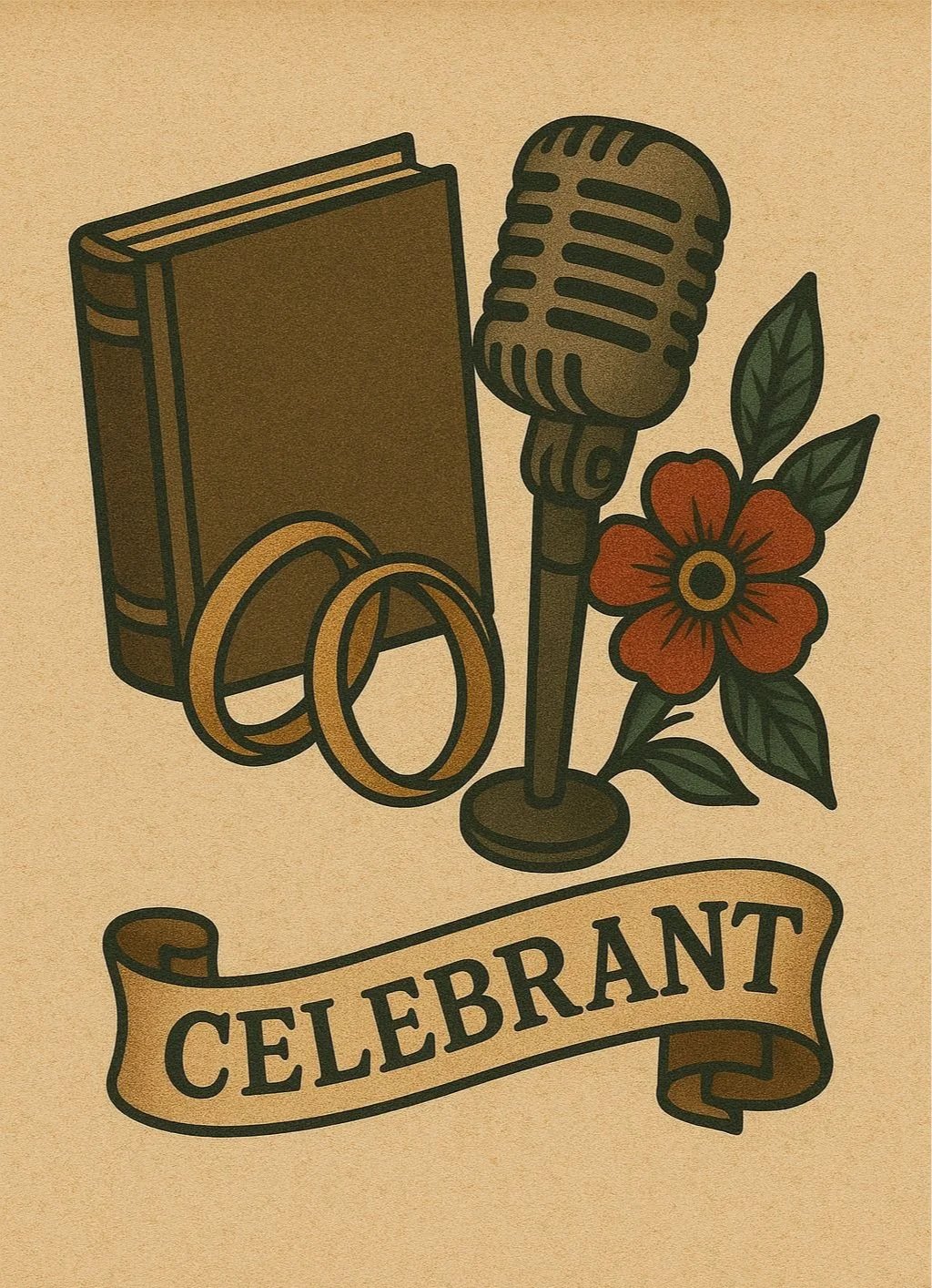 Vintage tattoo-style illustration of a book, wedding rings, a microphone, a flower, and a banner with the word 'Celebrant'.
