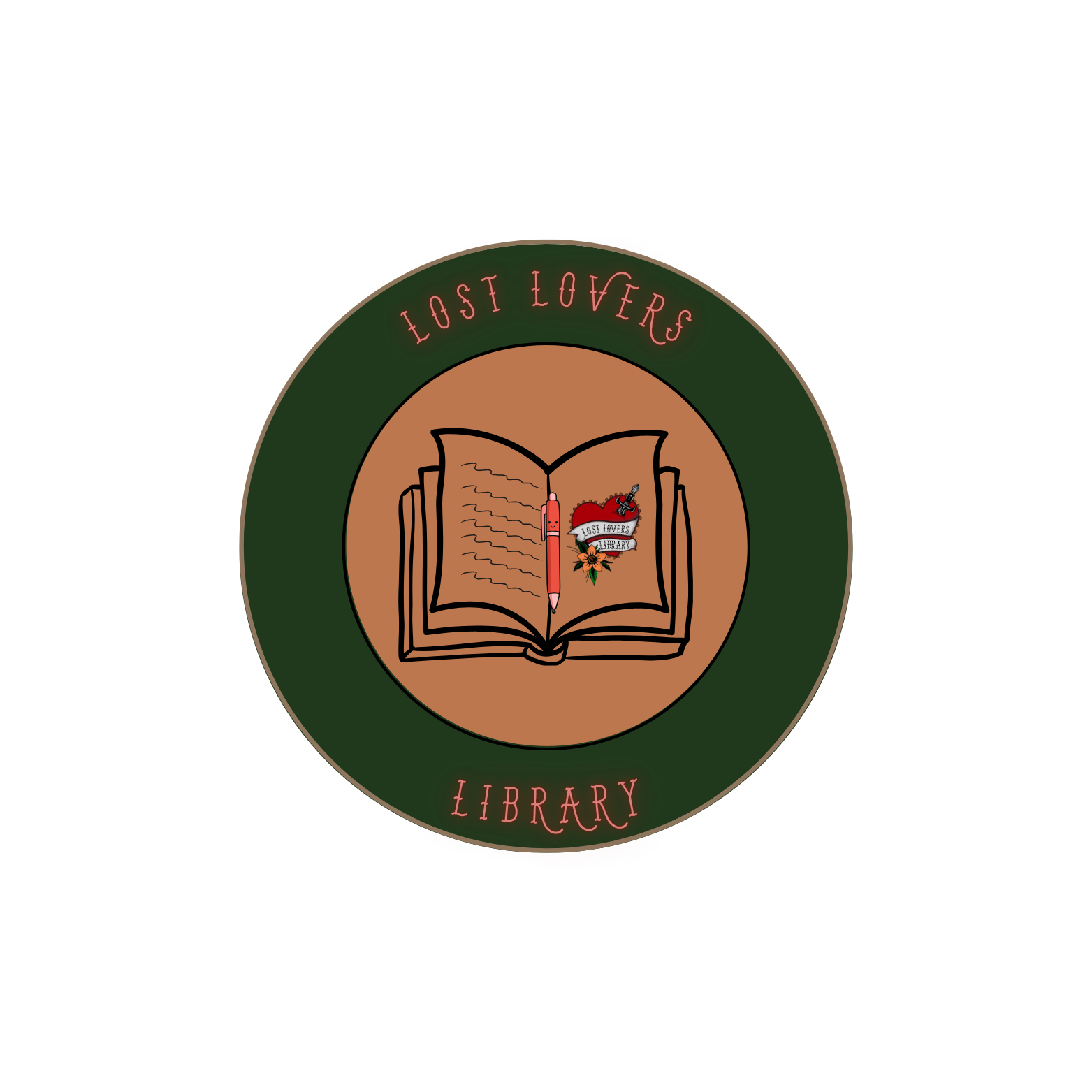 Logo for Lost Lovers Library featuring an open book with a pink pen, a red heart with a banner reading 'Lost Lovers,' and a flower, surrounded by a green circle with pink text.