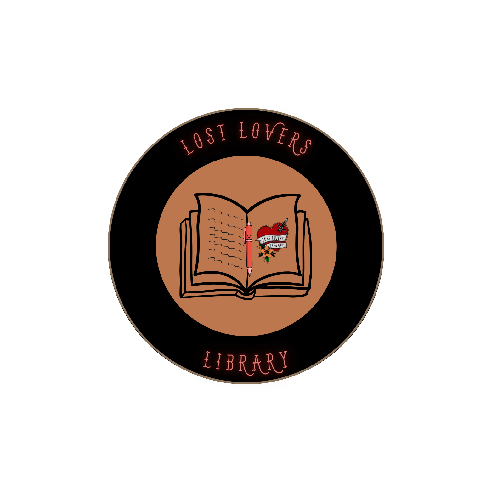 Logo for Lost Lovers Library featuring an open book with a pen and a tattoo-style heart with a banner that says 'Lost Lovers Library' on a brown background, encircled by black with red accents.