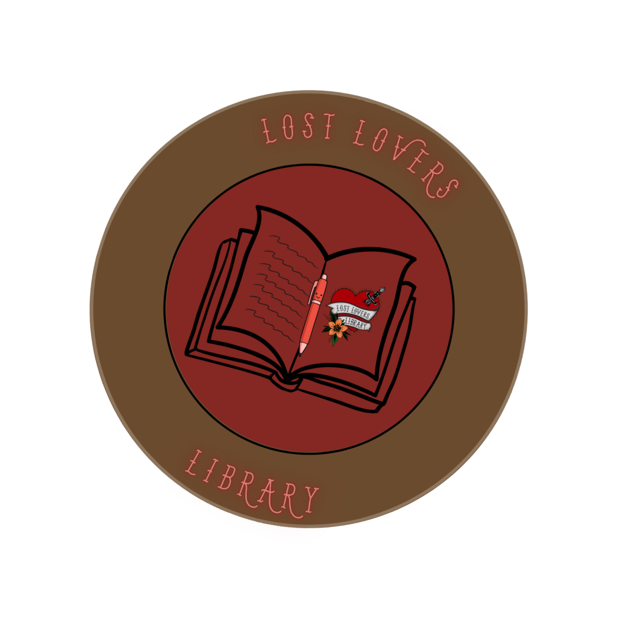 A circular logo for 'Lost Lovers Library' featuring an open book, a heart with a banner, a pen, and a small tattoo machine.