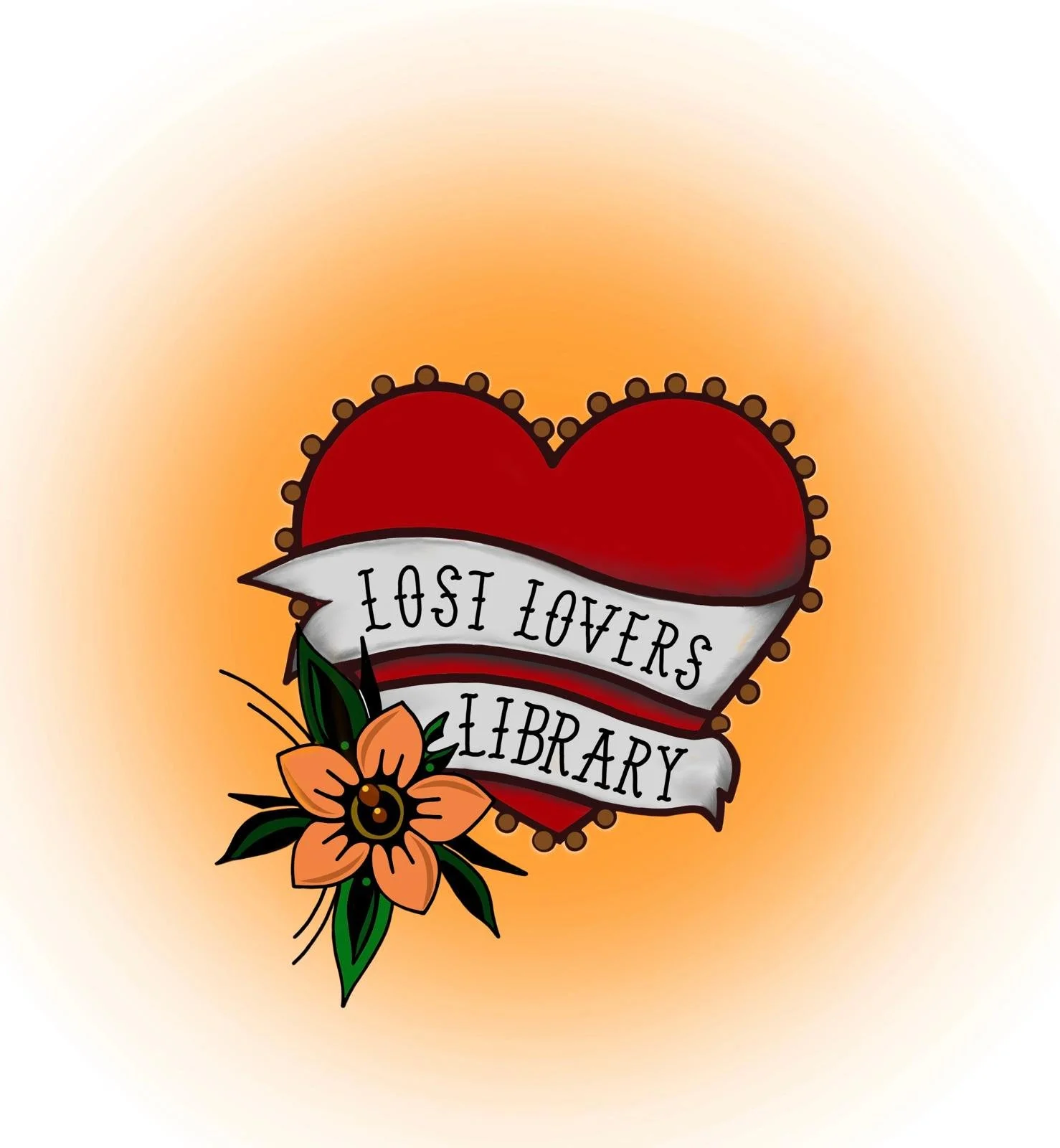 A tattoo-style illustration of a red heart with a white ribbon that reads 'Lost Lovers Library' and an orange flower with green leaves at the bottom left of the heart.