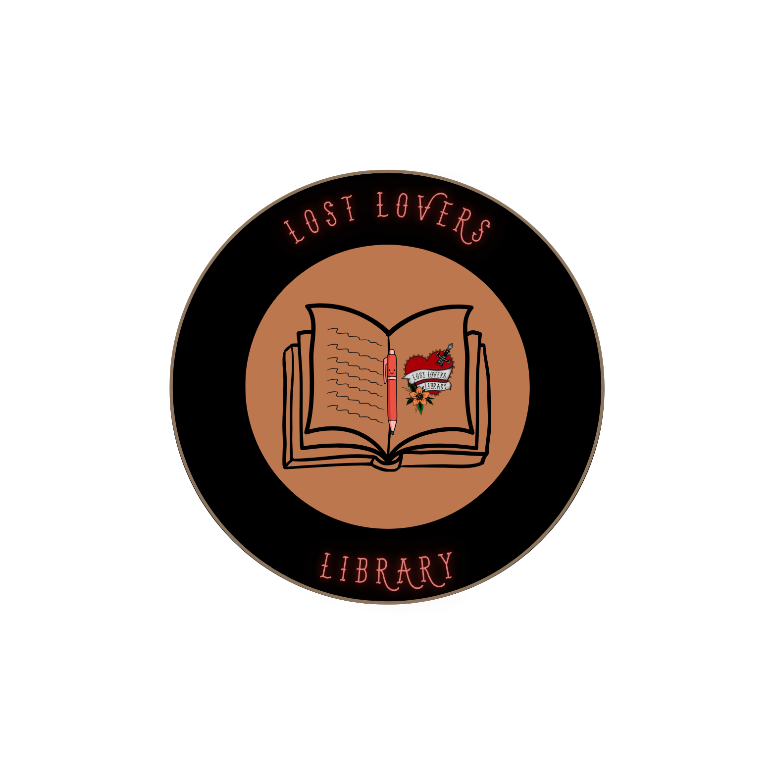 A logo for Lost Lovers Library featuring an open book with a red pen and a tattoo-style heart with a banner reading 'Lost Lovers Library' inside, surrounded by a black circle with the words 'Lost Lovers' at the top and 'Library' at the bottom in pink neon-style font.