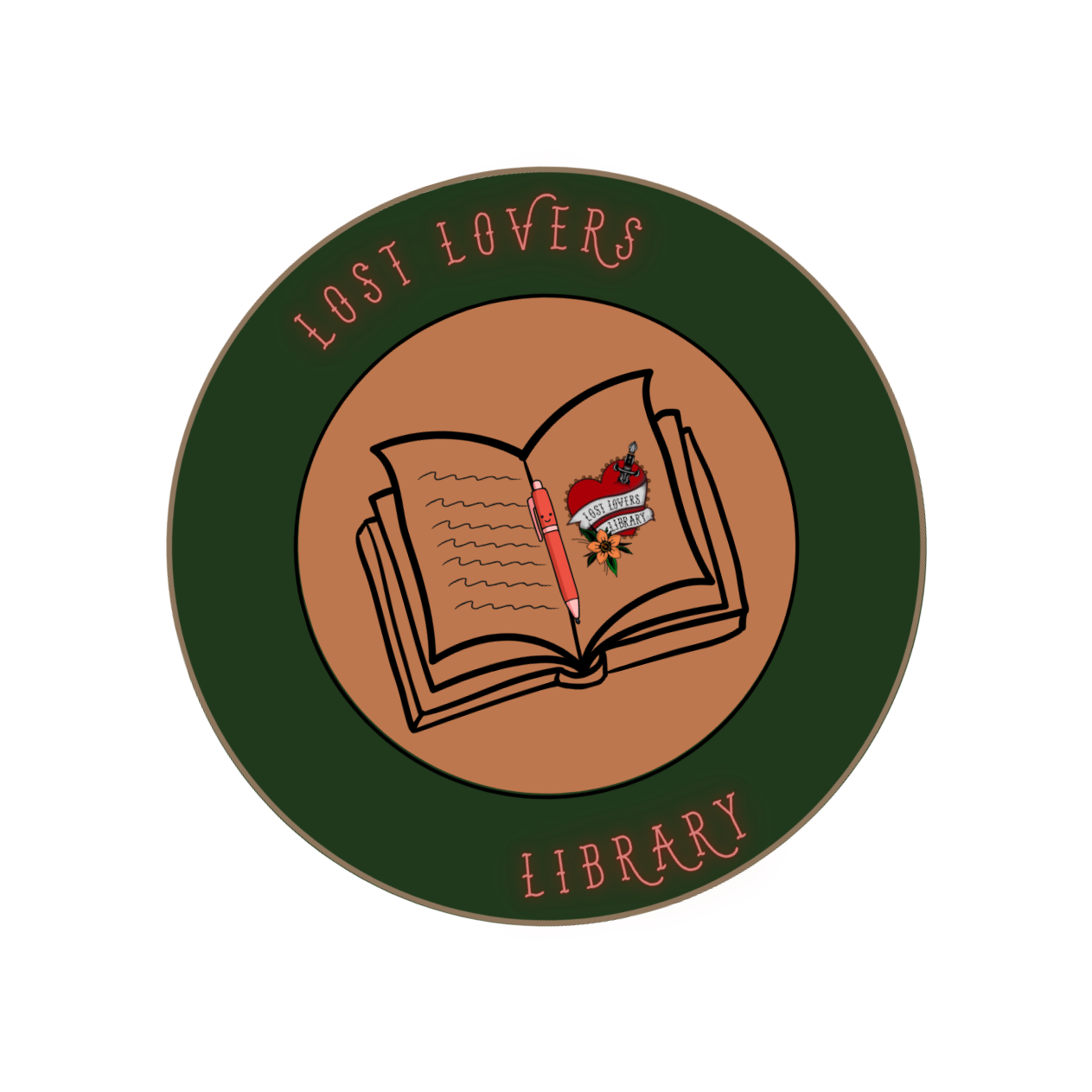 Logo for Lost Lovers Library featuring an open book with a pen, a heart with a banner, and a flower, surrounded by a green circle with the words Lost Lovers Library.