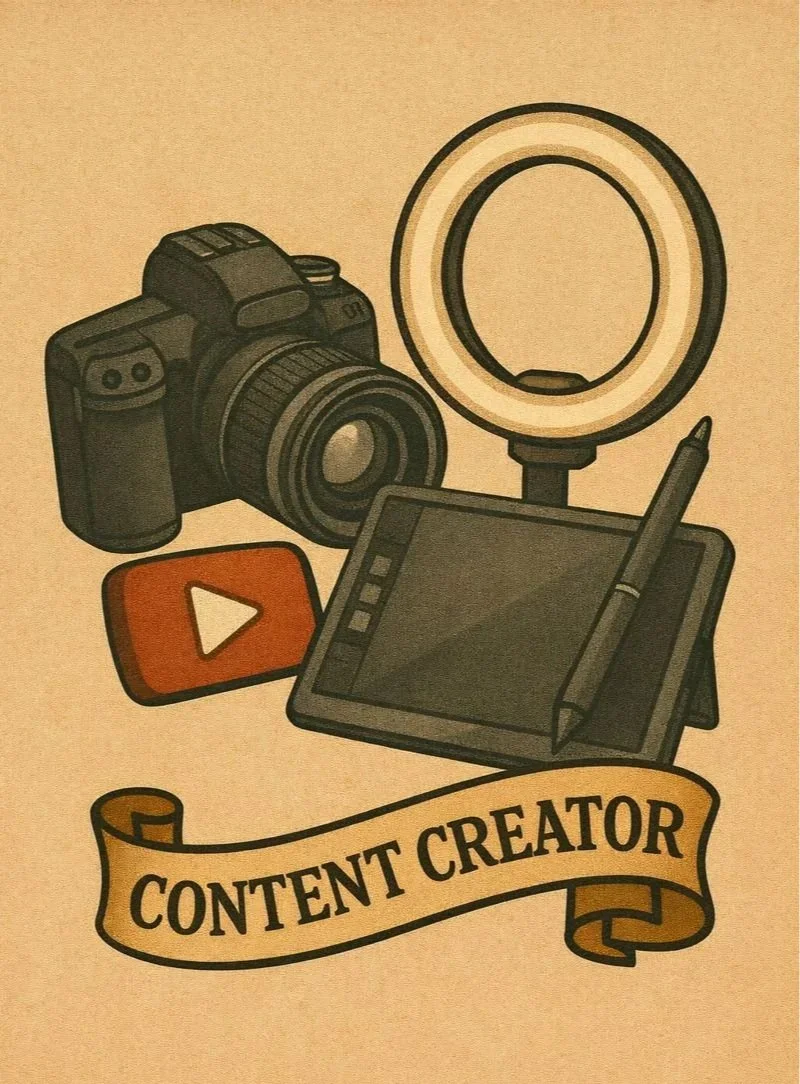 Illustration of a digital camera, ring light, tablet with stylus, and a play button icon with the text "Content Creator" on a banner.