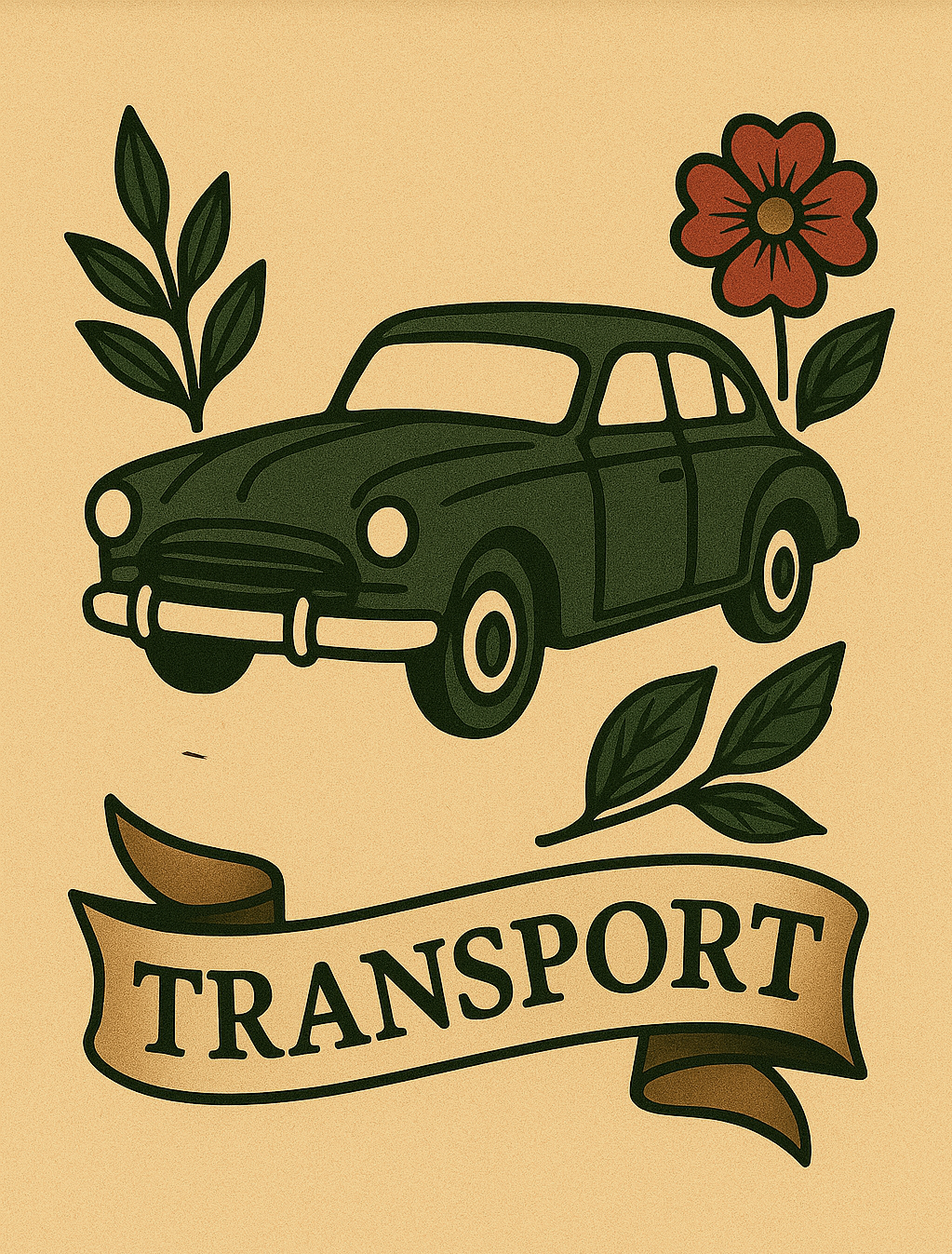 Illustration of a vintage green car surrounded by leaves and flowers, with the word 'TRANSPORT' on a ribbon banner below.