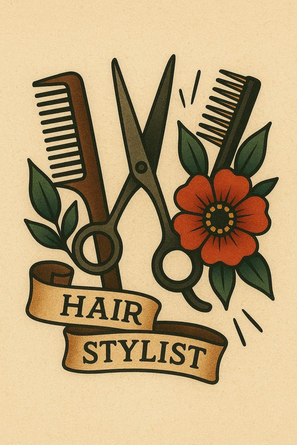 Illustration of scissors, a comb, and a flower with a banner reading 'Hair Stylist'.