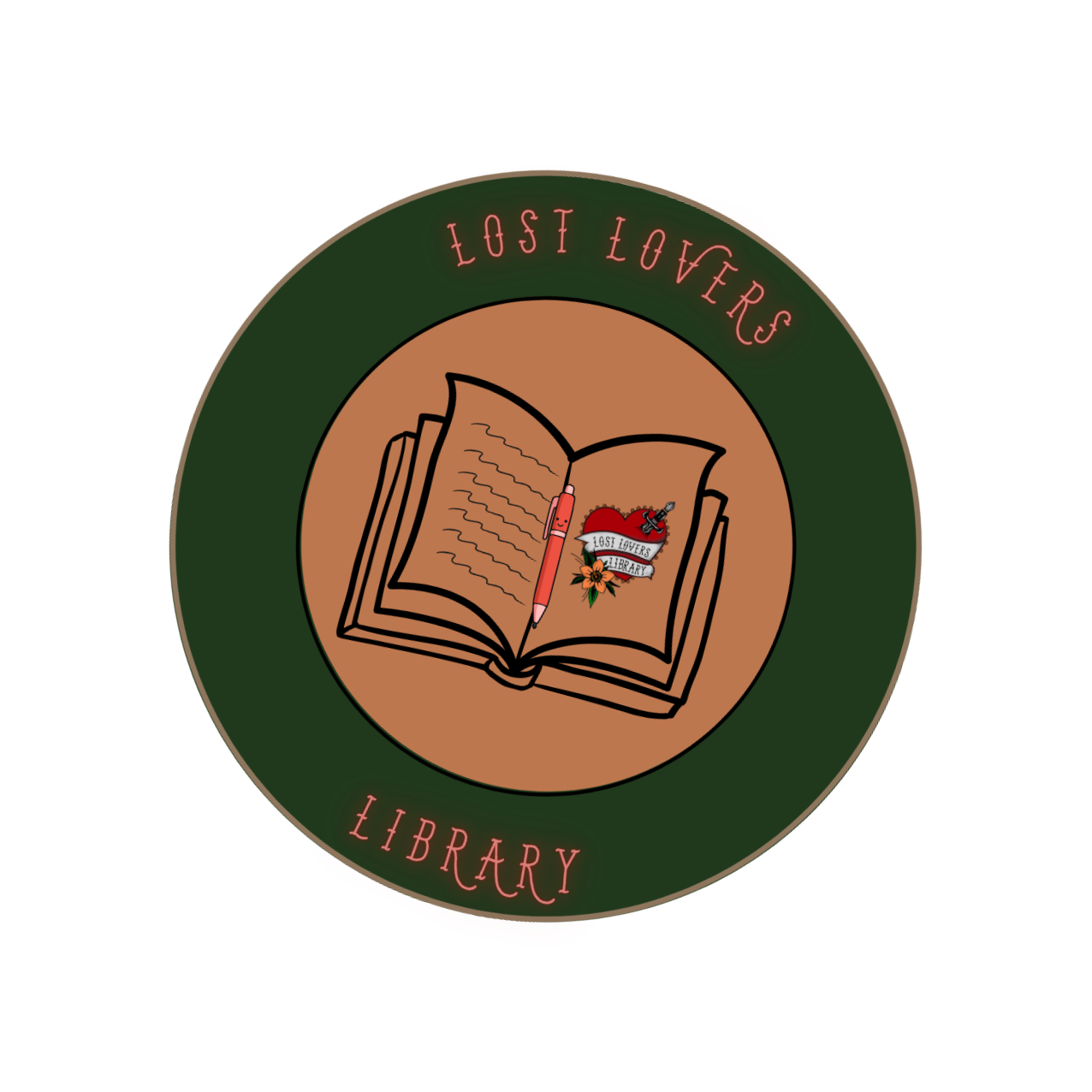 Logo of Lost Lovers Library featuring an open book with a pen, a heart shield with a tattoo machine, and a flower, surrounded by a green and red circular border with the text "Lost Lovers" at the top and "Library" at the bottom.