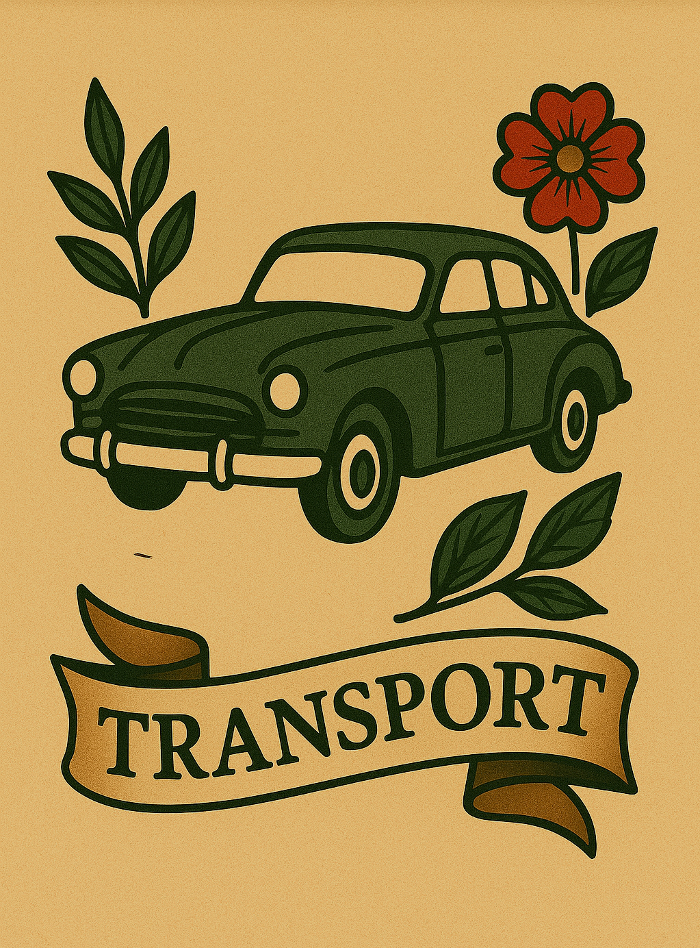 Illustration of a green vintage car surrounded by green leaves and a red flower. The word 'TRANSPORT' is written on a ribbon banner below the car.