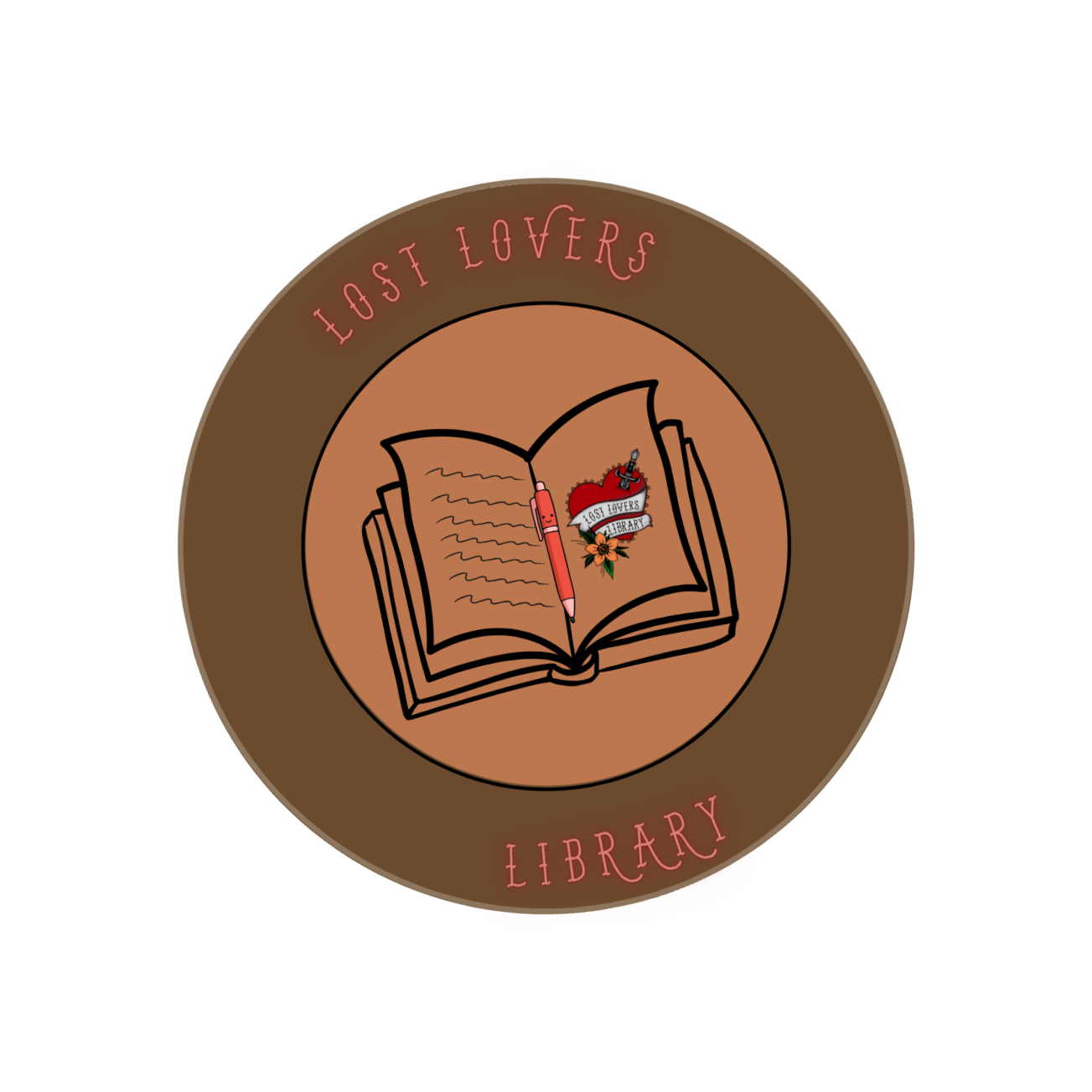 A circular logo with a brown outer ring and an inner beige circle. Inside are the words 'Lost Lovers' at the top and 'Library' at the bottom. The center features a drawing of an open book with a pink pen and a heart tattoo with the words 'Lost Lovers' on a banner.